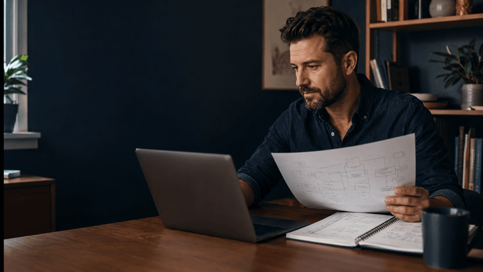 A focused business operator reviewing a workflow beside a laptop and workbook
