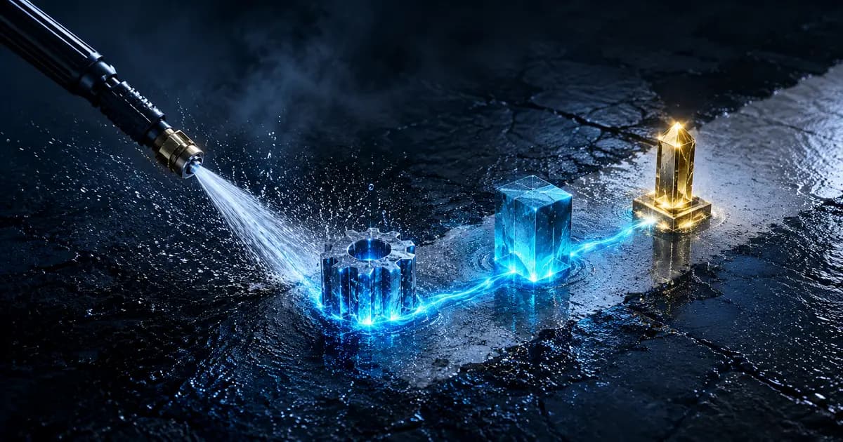 A pressure-washing wand crossing three illuminated pricing checkpoints on wet concrete