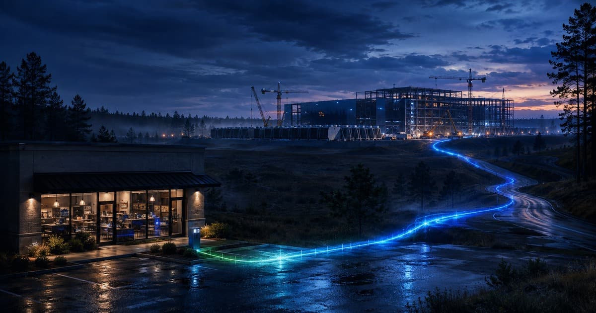 An East Texas business district connected to new data-center infrastructure at dusk