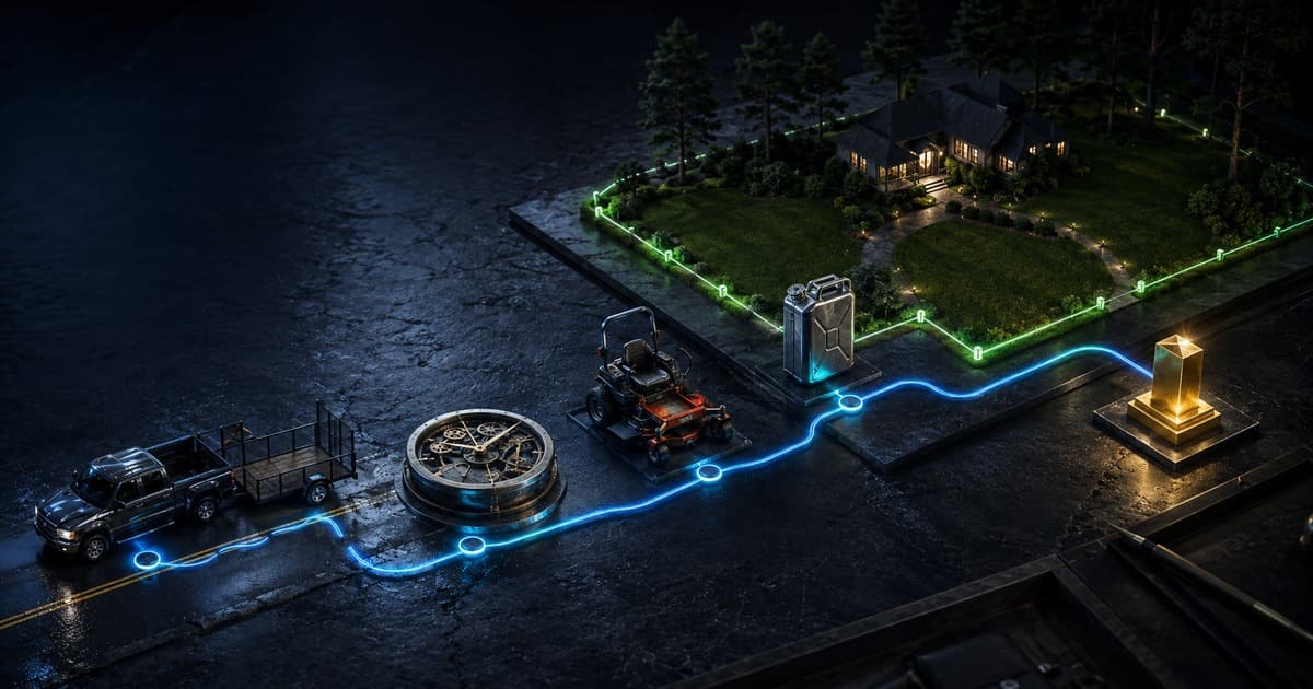 A lawn-care route combining time, equipment, materials, and travel into one job price