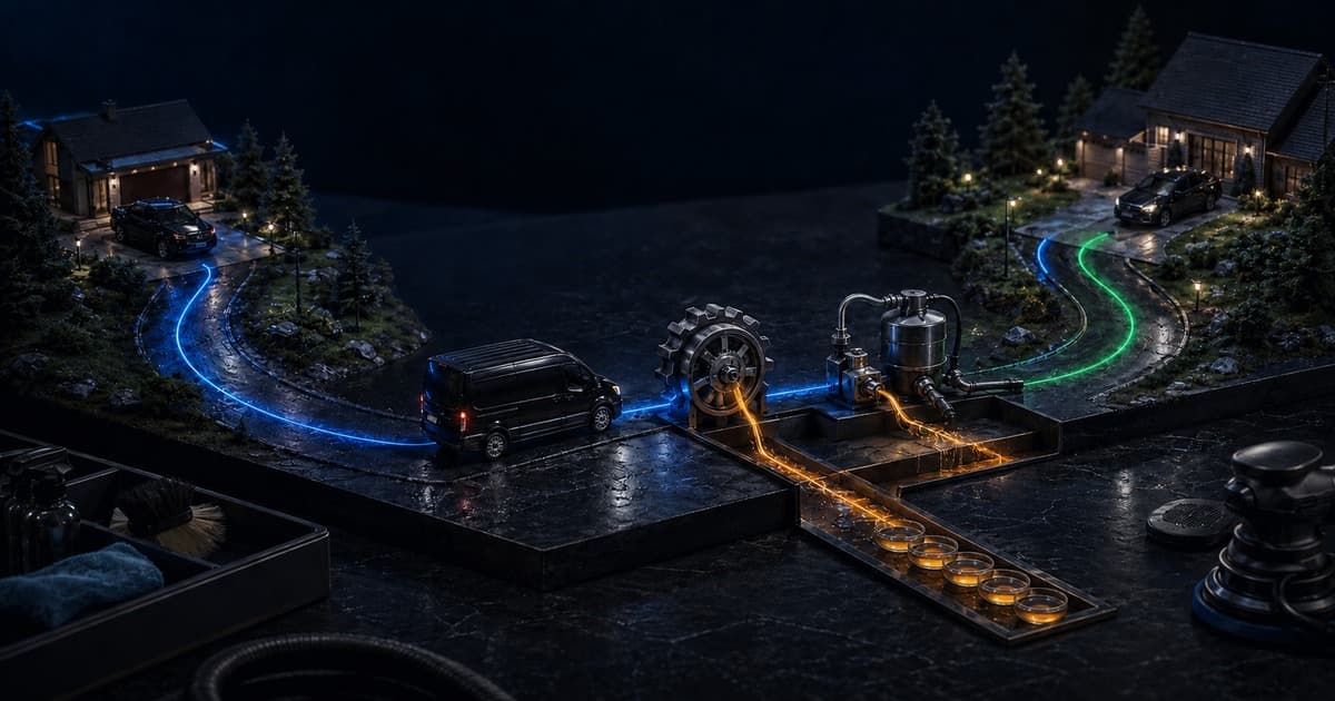 A mobile-detailing van crossing a route where travel time becomes a job cost