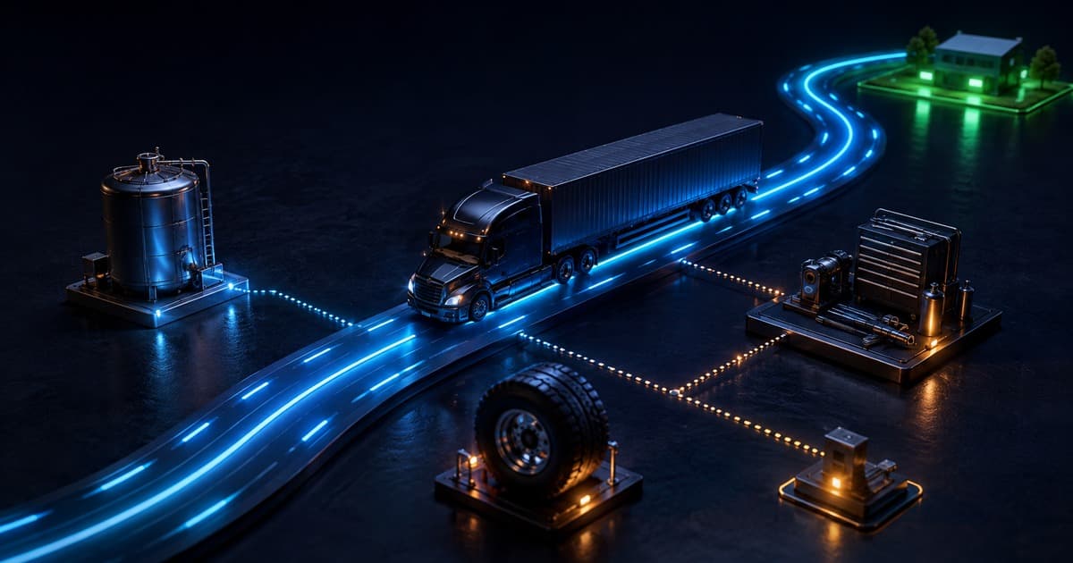 A truck route passing fuel, maintenance, insurance, and ownership cost checkpoints