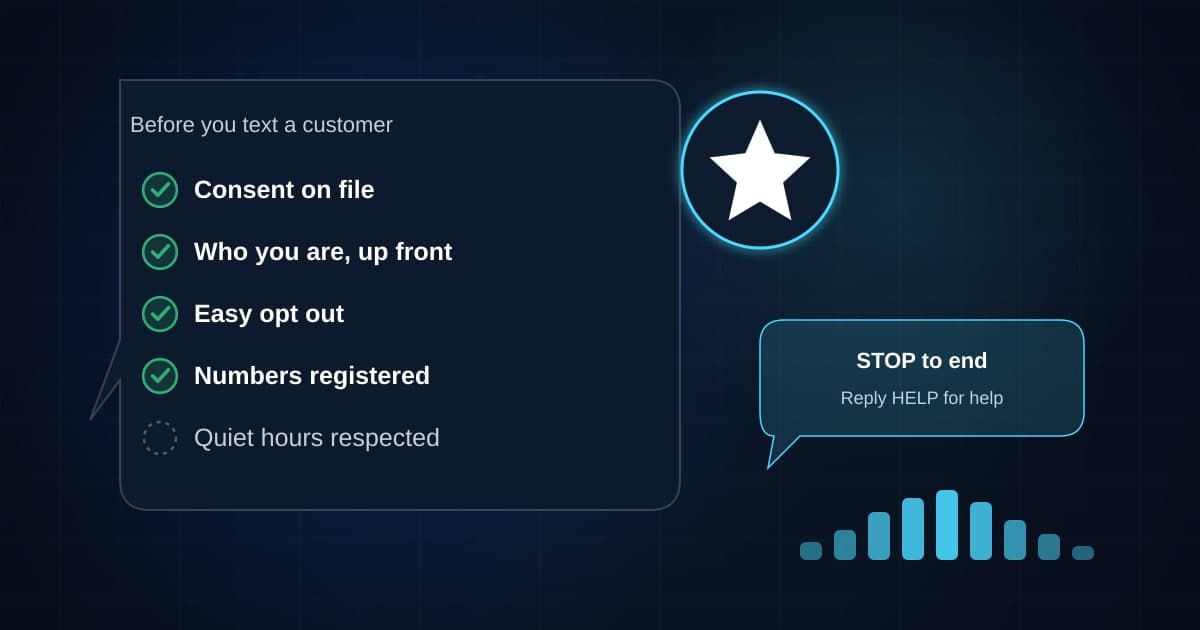 A business text bubble holding a consent and opt out checklist beside a lone star badge and a STOP to end reply