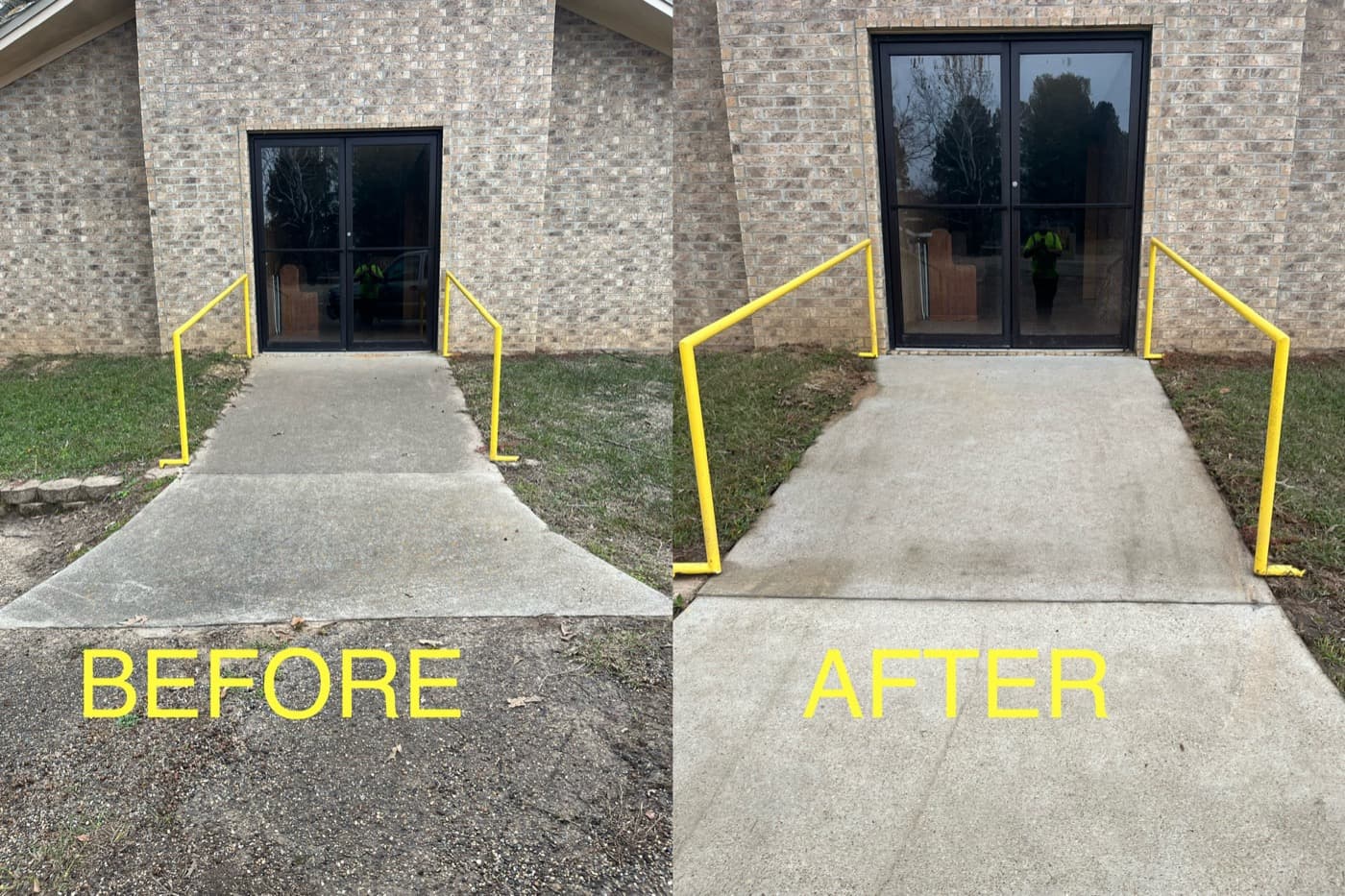 A storefront before and after cleaning, from Lone Star Total Wash’s public job gallery