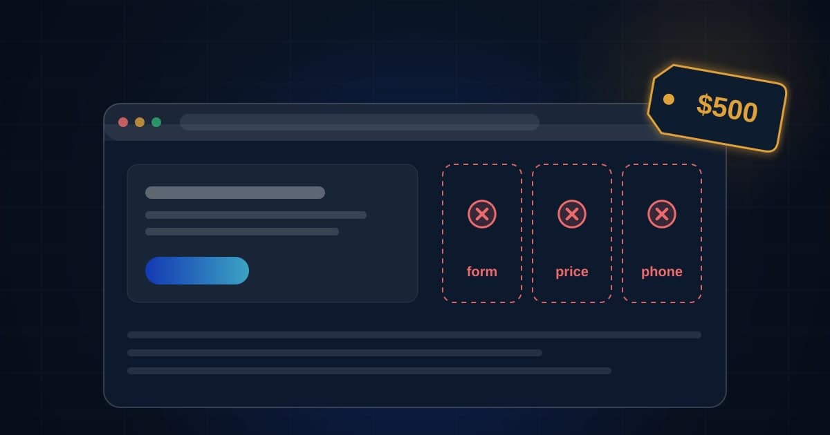 A browser window wearing a $500 price tag with its form, price and phone slots marked missing in red
