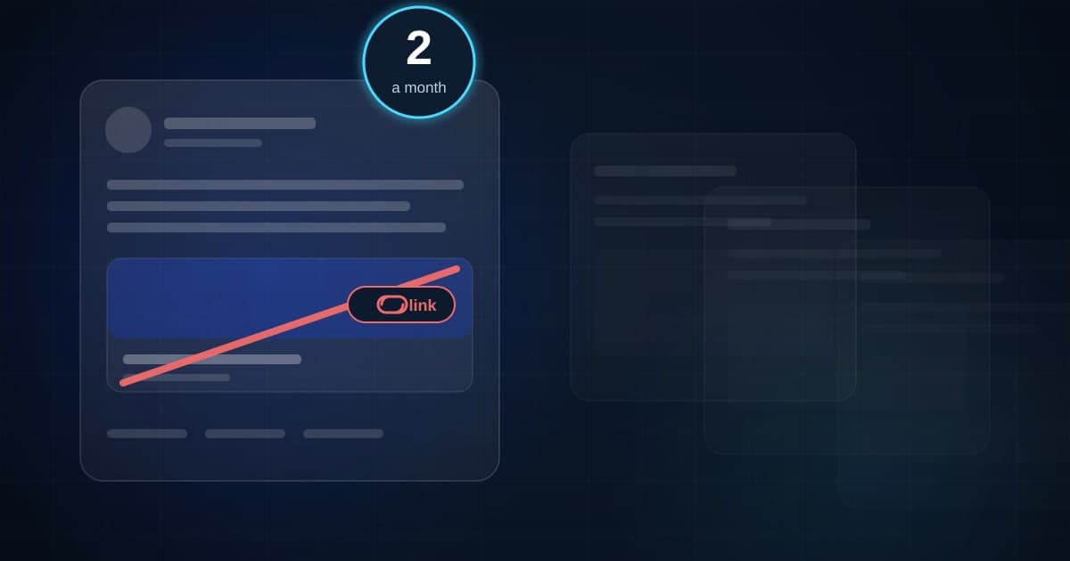 A Facebook style post with its link preview crossed out and a counter badge reading two a month