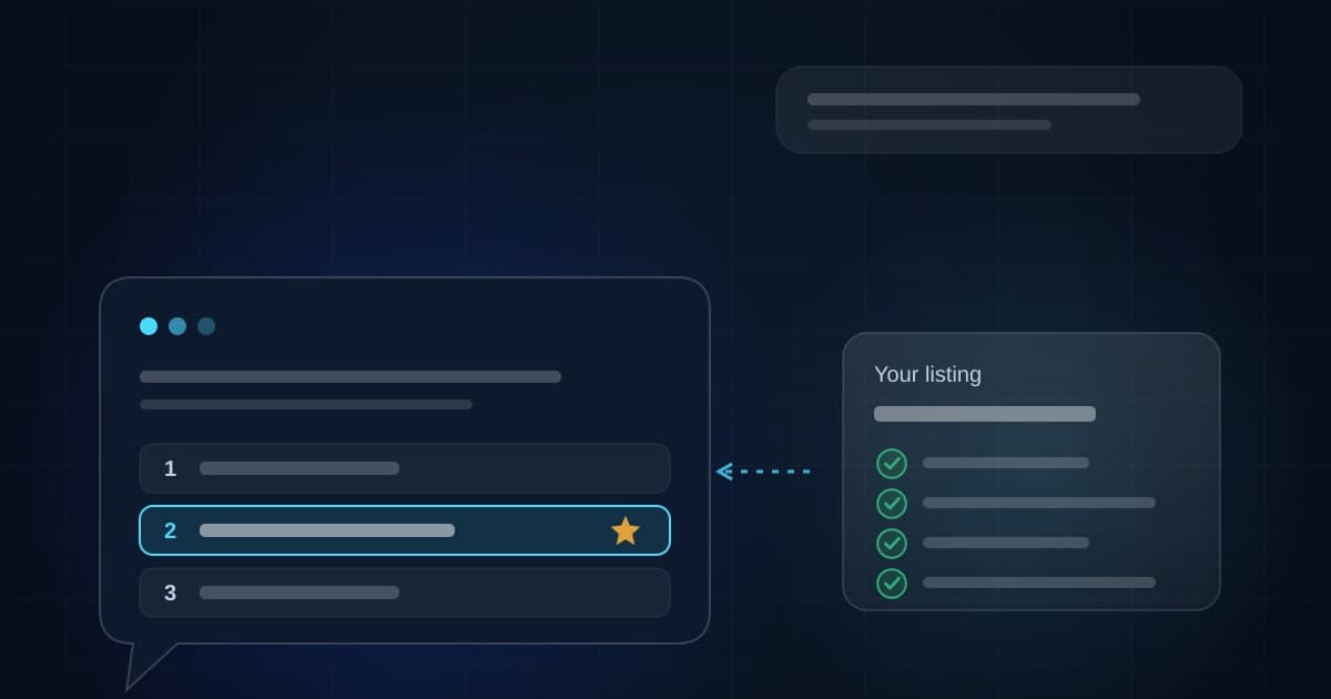 An AI chat answer listing three local businesses with the second one highlighted, fed by a completed business listing
