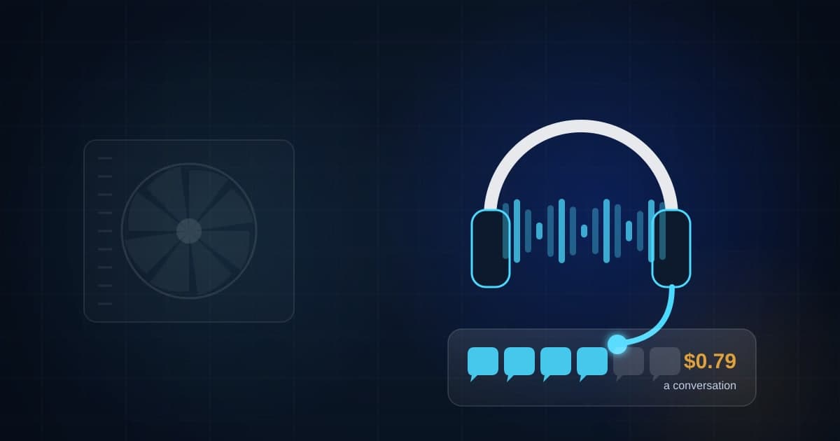 A headset with a sound wave beside a tally of answered conversations priced at 79 cents each, with an HVAC condenser faint behind