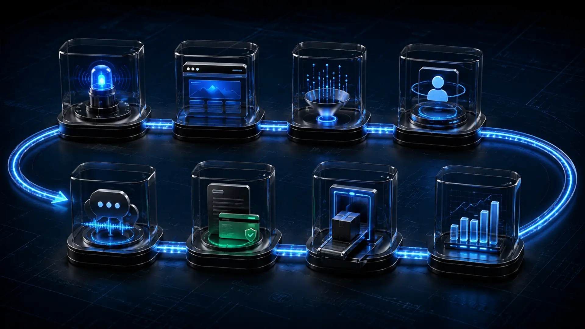 A premium company operating loop connecting a website to lead capture, follow up, sales, and reporting