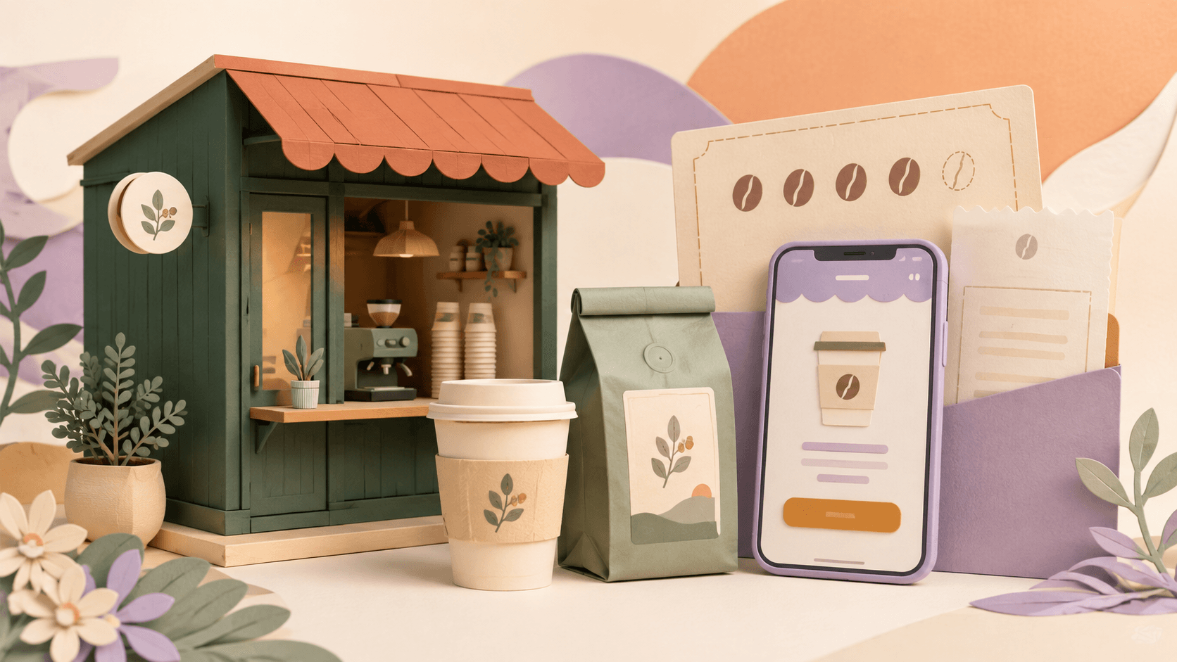 An illustrated fictional coffee shop with a mobile order page, loyalty card and order ticket