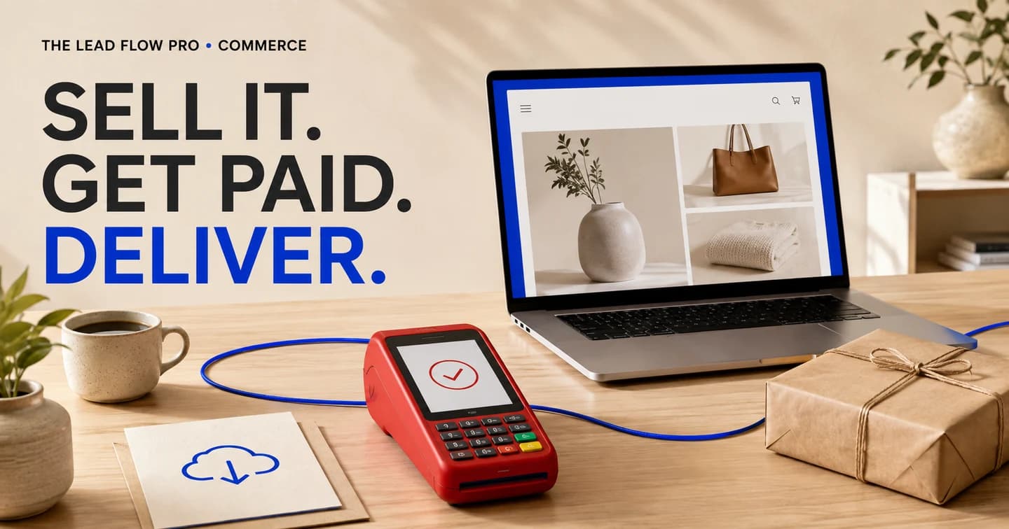 An online storefront, payment terminal, packed order and digital download on a bright desk: sell it, get paid, deliver.