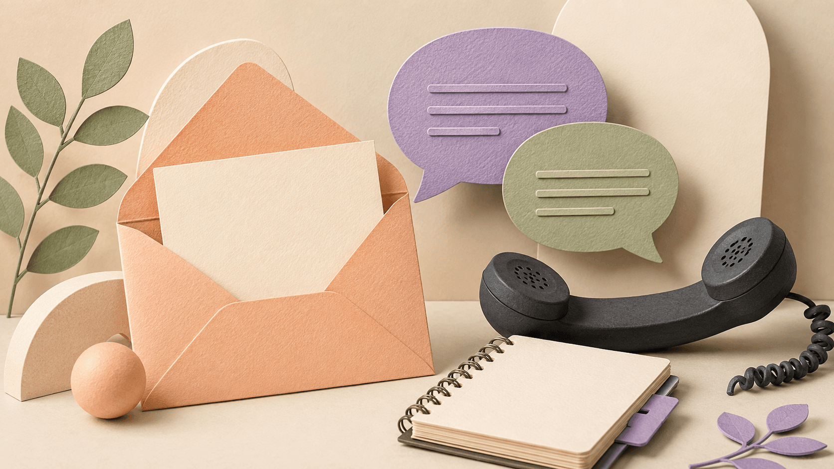 An open envelope, speech bubbles and phone handset for a direct conversation