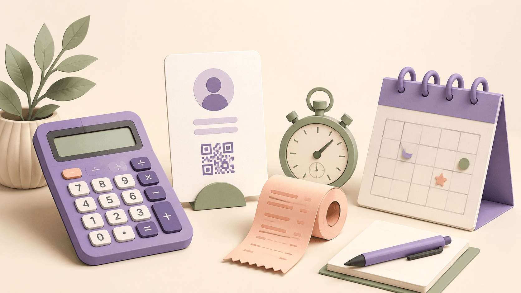 A calculator, contact card, stopwatch and calendar on a warm business workbench