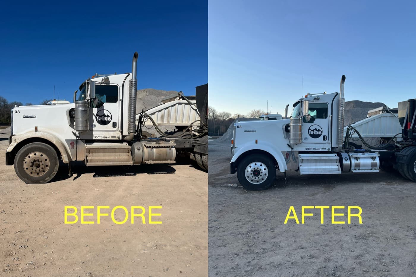 An actual truck before and after washing, from Lone Star Total Wash’s completed-jobs gallery