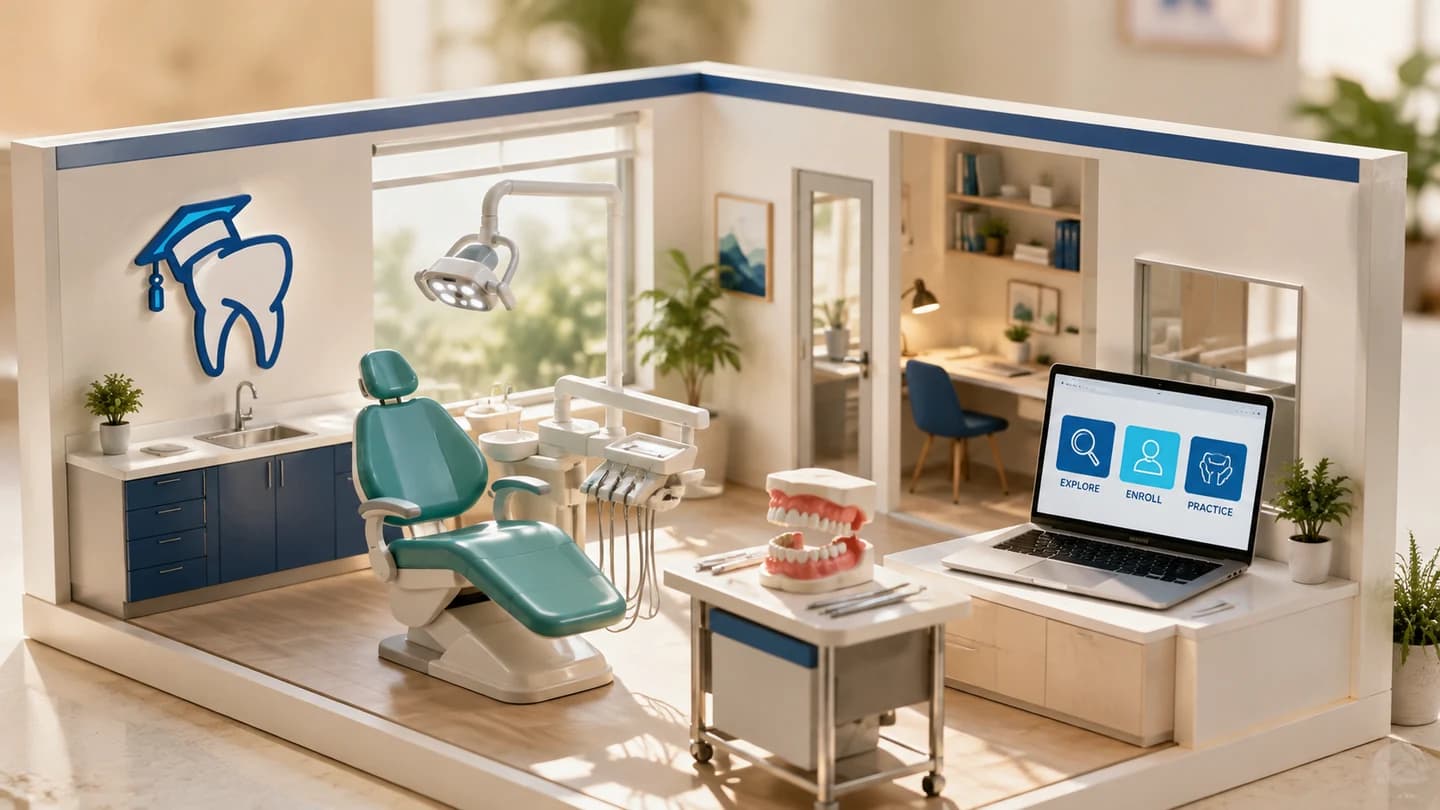 Premier-inspired dental training illustration with a dental chair, tooth model, and learning tools in academy blue and teal