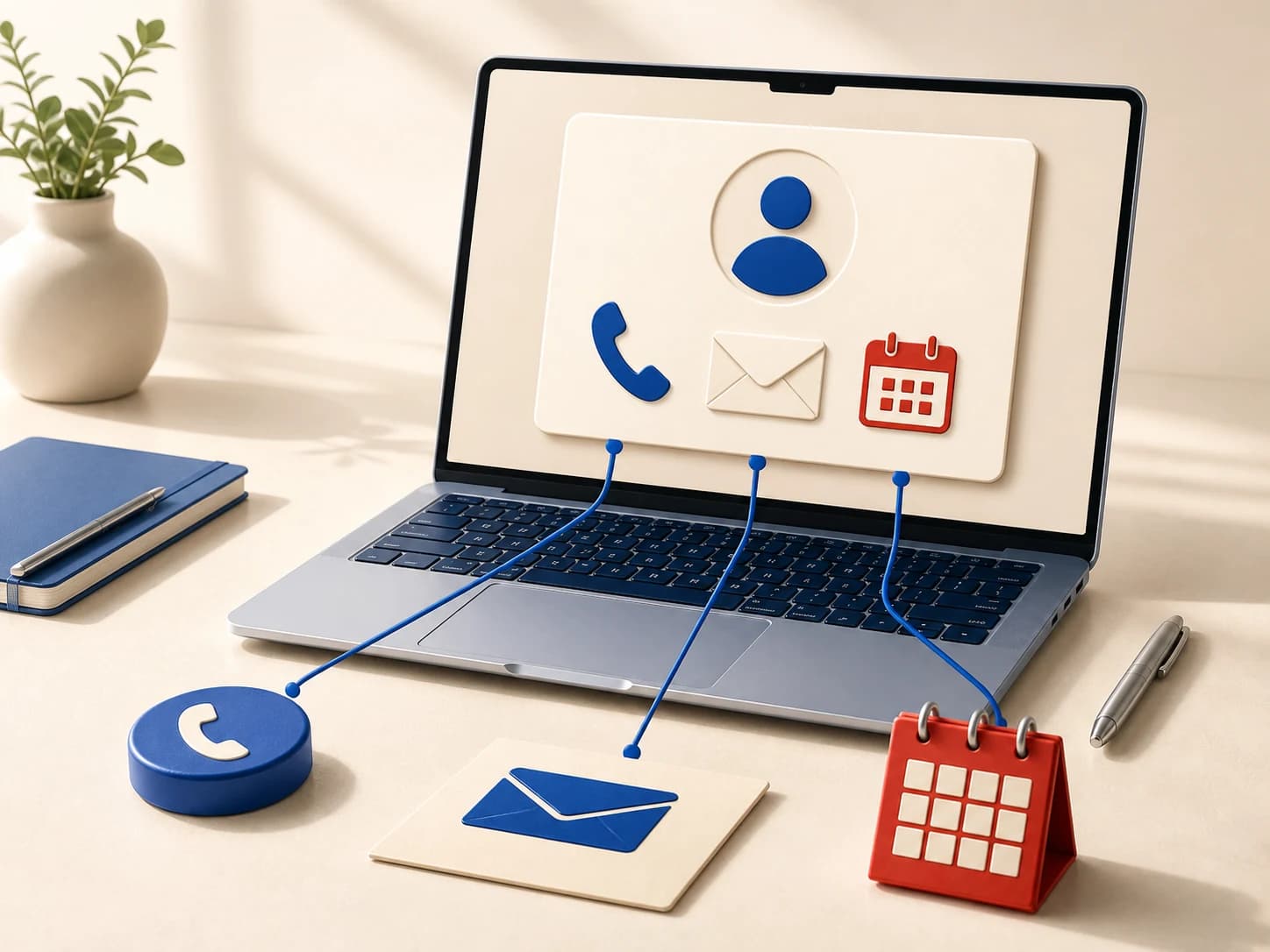 A blue laptop holds one customer card, connected to a phone, a message, and a red calendar on a bright cream desk.