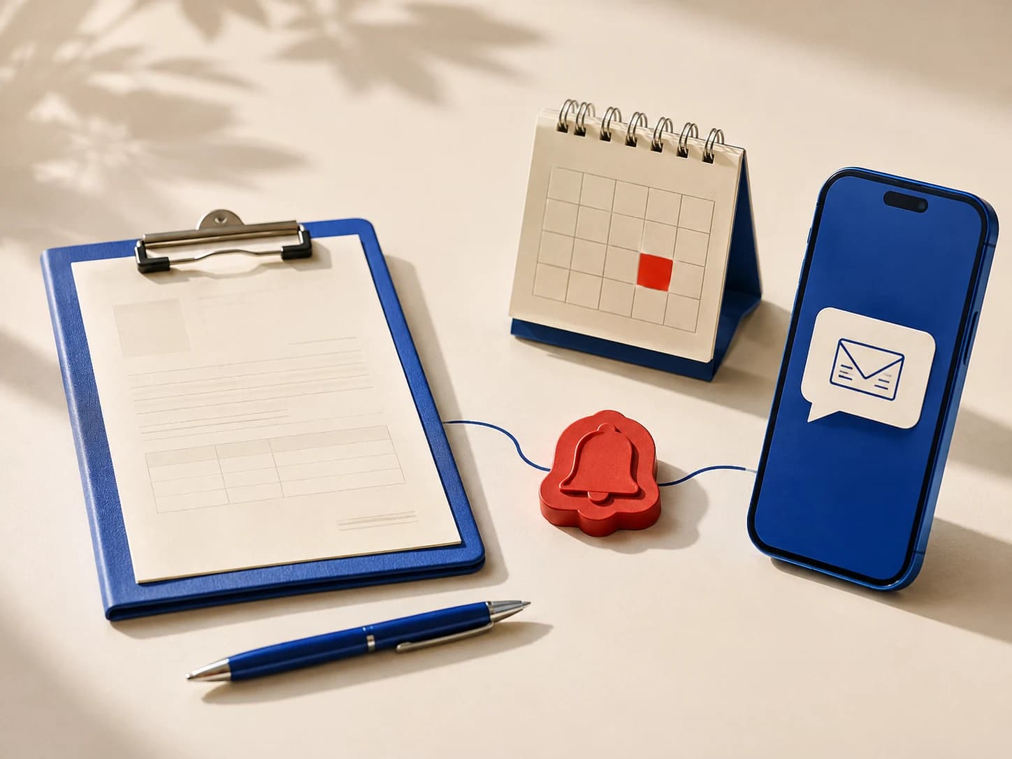A quote clipboard, red reminder bell, calendar, and blue phone with a message are connected across a sunlit cream desk.