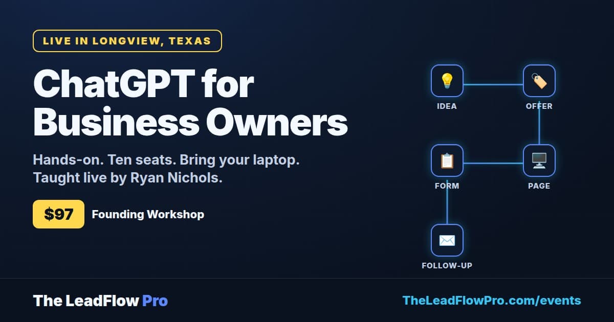 LeadFlow workshop graphic showing a small Longview class, a laptop, business steps, and the published 97 dollar price