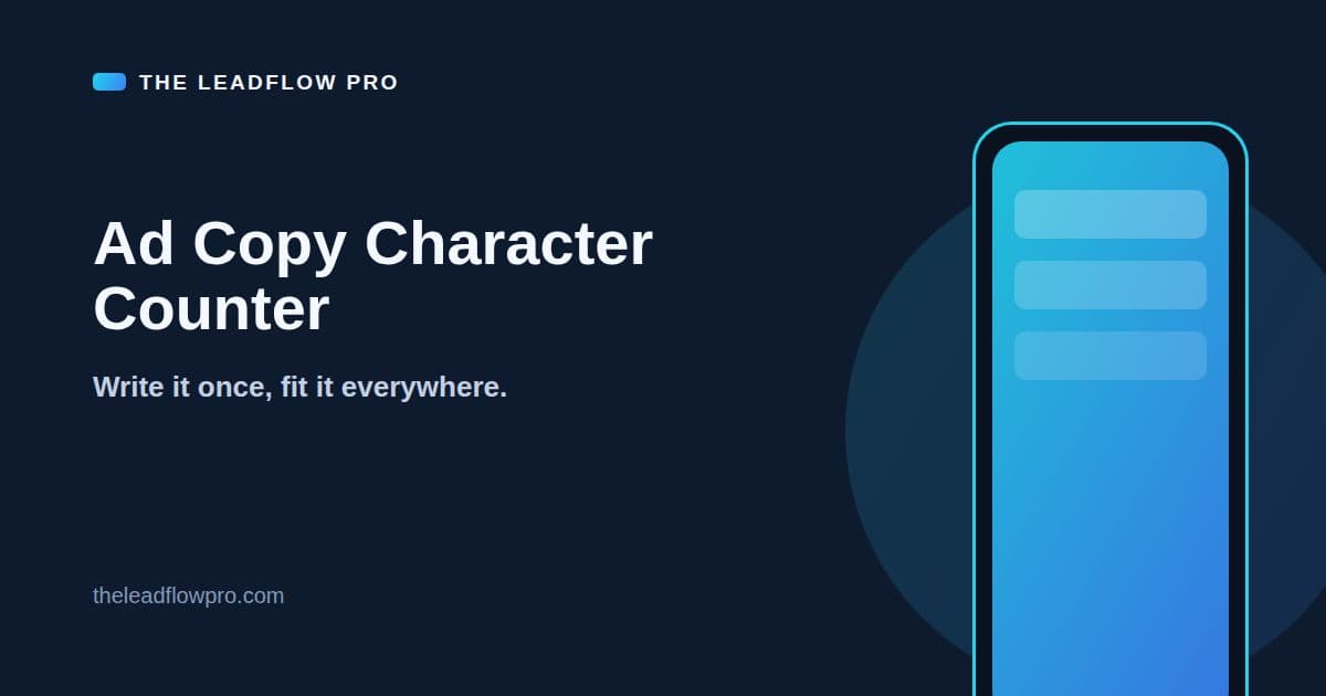 The LeadFlow Pro Ad Copy Character Counter graphic with the tool name and its labeled planning illustration.