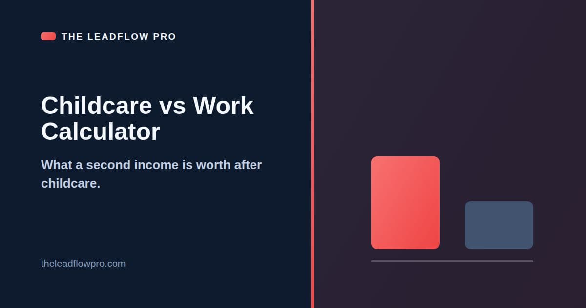 The LeadFlow Pro Childcare vs Work Calculator graphic with the tool name and its labeled planning illustration.