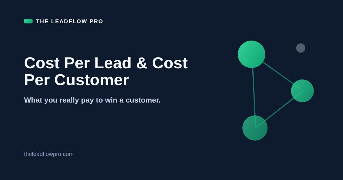 LeadFlow Cost Per Lead and Cost Per Customer card with the tagline What you really pay to win a customer and three linked green circles on a navy background
