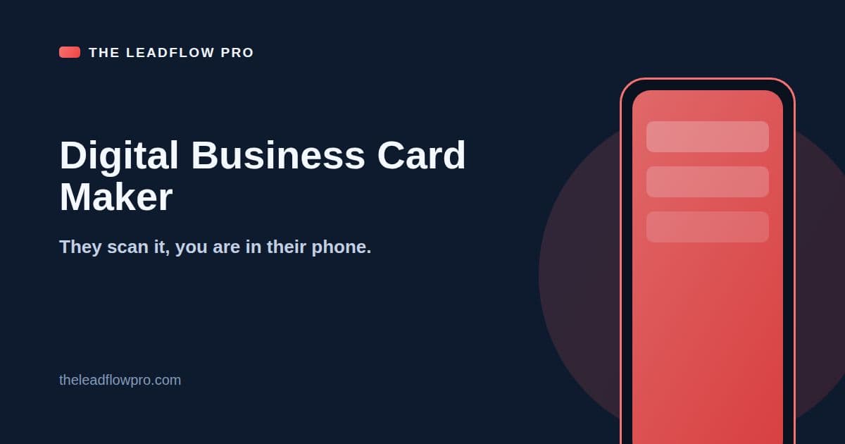 The LeadFlow Pro Digital Business Card Maker graphic with the tool name and its labeled planning illustration.
