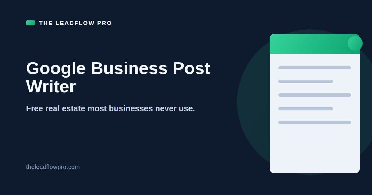 The LeadFlow Pro Google Business Post Writer graphic with the tool name and its labeled planning illustration.