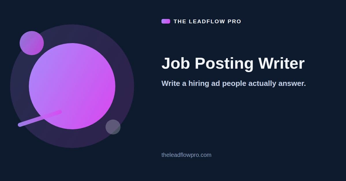 The LeadFlow Pro Job Posting Writer graphic with the tool name and its labeled planning illustration.