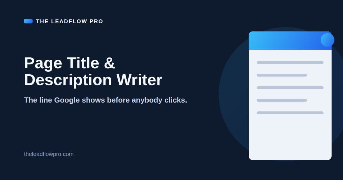 The LeadFlow Pro Page Title & Description Writer graphic with the tool name and its labeled planning illustration.