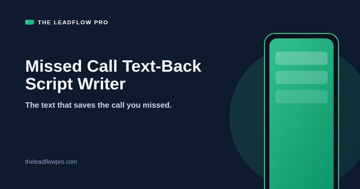 The LeadFlow Pro Missed Call Text-Back Script Writer graphic with the tool name and its labeled planning illustration.