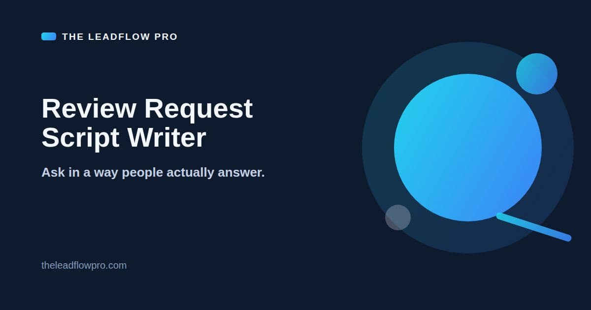 The LeadFlow Pro Review Request Script Writer graphic with the tool name and its labeled planning illustration.