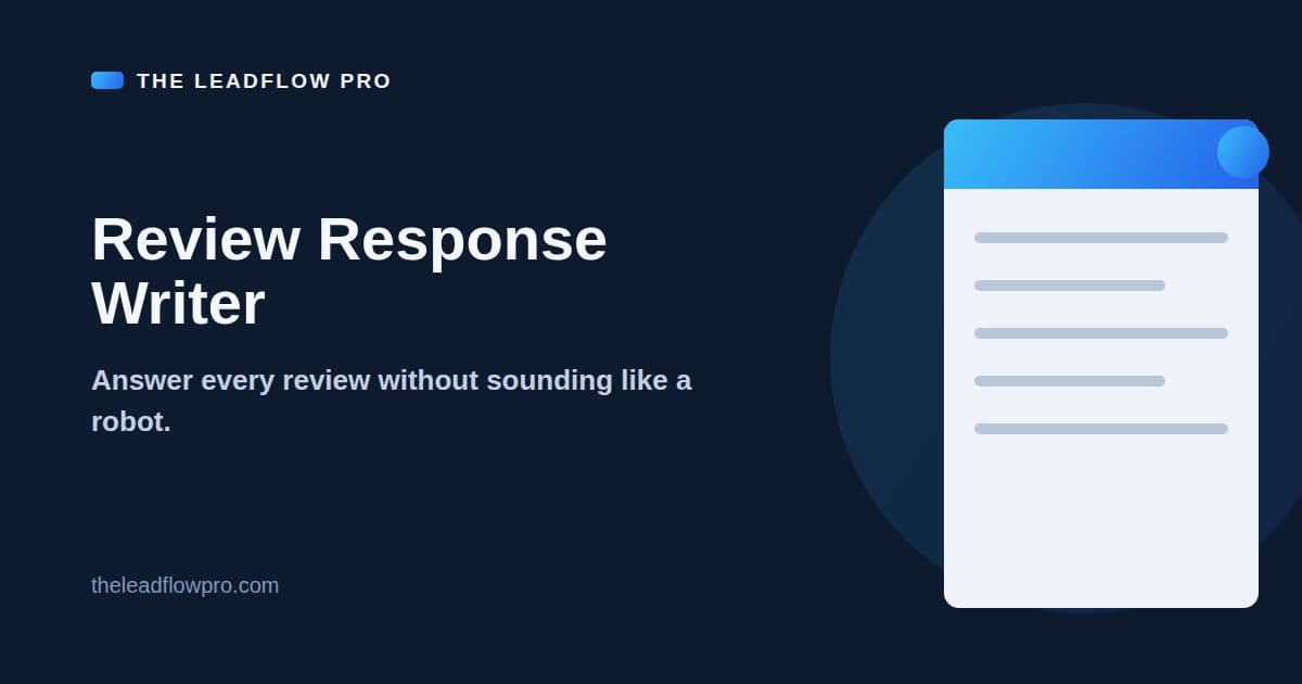 The LeadFlow Pro Review Response Writer graphic with the tool name and its labeled planning illustration.