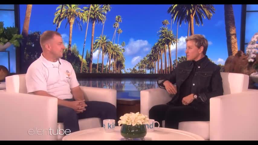 Ryan Nichols speaking with Ellen DeGeneres on her show's set